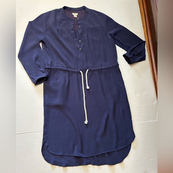 JCrew solid navy blue shift shirt dress with rope tie & elastic waist Sz-XS C19 - Picture 6 of 16